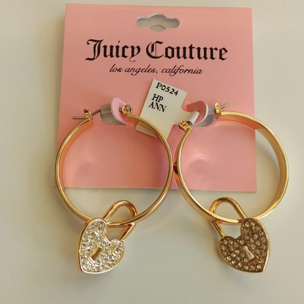 NWT Juicy Couture Hoop Heart Locket Charm Faux Diamond Gold Tone Earrings